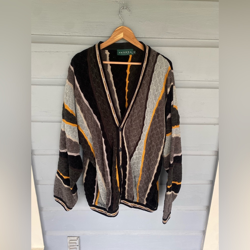 Vintage Tundra Canada Sweater Cardigan Men XXL 3D Knit Colorful 90s Y2K Cosby
